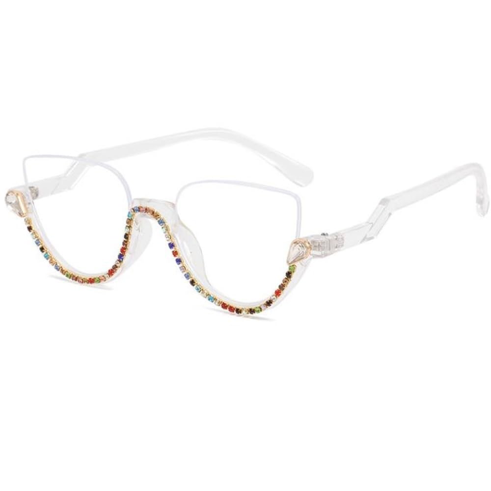 Medio Marco Ojo De Gato Gafas De Lectura Para Mujeres，Elegantes Diamante Anteojos De Lectura，+1.5 Grande Ayuda Visual Rhinestones
