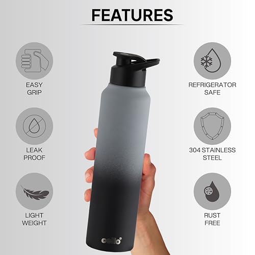 Image of CELLO Aqua Pro Max Stainless Steel Water Bottle 1000 ml Black & Grey | ISI Certified Single Wall Rust & Leakproof Fridge Safe Stylish Easy Grip Colorful Steel Water Bottle For Office & Daily Use