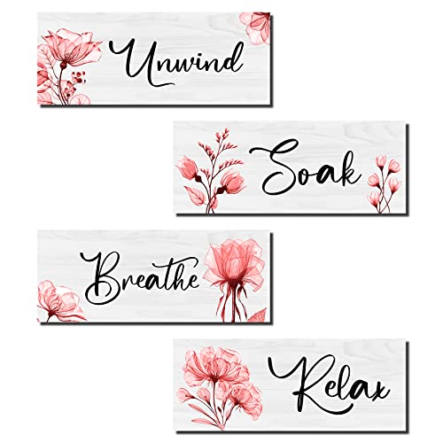 4 Pieces Bathroom Wall Art Rustic Farmhouse Bathroom Wall Decor Sign Relax Soak Unwind Breathe Wood Hanging Sign for Home Spa Bathroom Laundry Decor (Pink)
