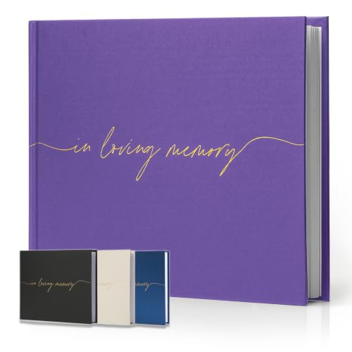 Image of Funeral Guest Book for Memorial Service, in Loving Memory 9x7.5 | 320 Entries, Table Sign Card Included, Gold Stamping, Twill-Textured Paper Cover, Celebration of Life Keepsake, Purple