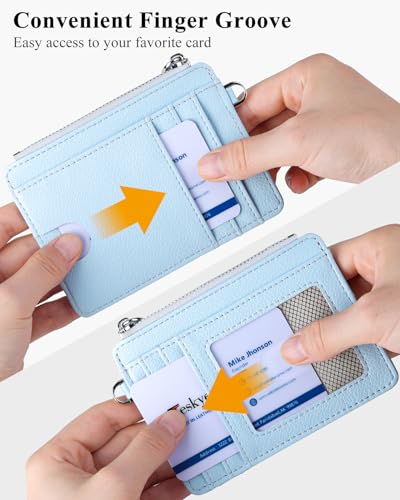 Image of Teskyer Slim RFID Wallet for Women, Small Card Holder with Zip Pocket, Cyan, 3.5 inch x 4.7 inch, Minimalist | Zip Pocket for Cash Coin, 1 ID Window & 7 Card Slots, Ultra Slim Design, D-Ring for Neck Lanyard, for Daily Carry and Travel