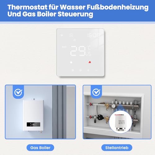 Smart WiFi Thermostat für Wasser-Fußbodenheizung und Gasboiler, Programmierbar Raumthermostat Unterstützen Alexa, Google Home Sprachsteuerung und Smart Life App Fernbedienung (2,4-GHz-WiFi)
