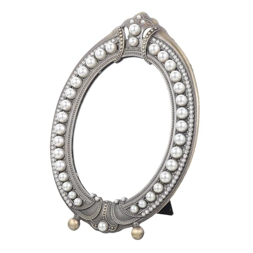 Miroir de maquillage marron rétro cadre perles et stable - 2