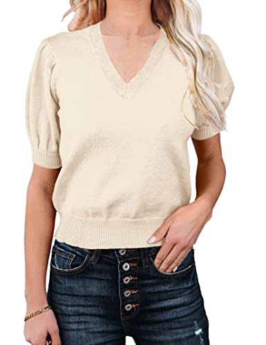 Image of Womens Puff Short Sleeve Sweater Tops Crewneck Basic Knit Pullover Lightweight Solid Casual Sweaters