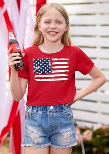 Image of BesserBay Kids Girls 4th of July Crop Tops American Flag Red White Blue Patriotic Bows USA Flag T-Shirts 6-14 Years