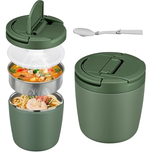 Itslife Thermobehälter für Essen 1400ml, Edelstahl Thermoschüssel mit Deckel, Thermo Lunchbox mit Löffel, Warmhaltebehälter Essen Auslaufsicheres für Suppen, Porridge, Babybrei, Grün