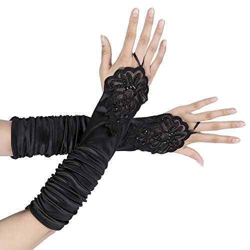 Snapklik.com : 1920s Black Long Flapper Fingerless Evening Opera Satin Gloves For Women