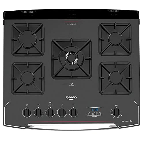 Fogão 5 Bocas Preto com Frente em Vidro Preto e Timer Digital Dako Diplomata Grill Bivolt