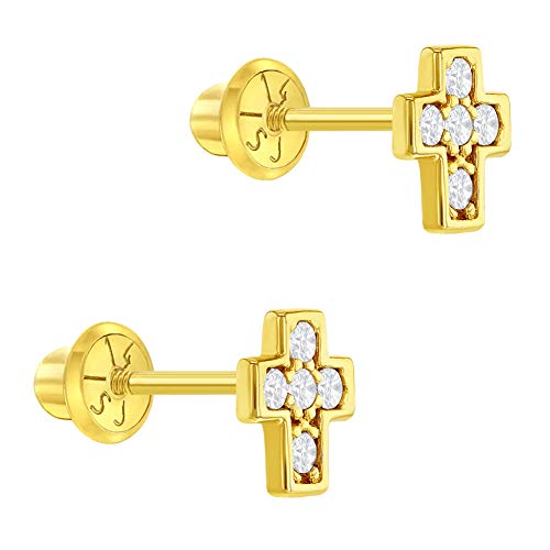 14k Yellow Gold & Cubic Zirconia Tiny 5mm Cross Screw Back Earrings for Babies, Toddlers & Young Girls - Small CZ Cross Earrings with Safety Screw Backs for Infants & Toddlers4