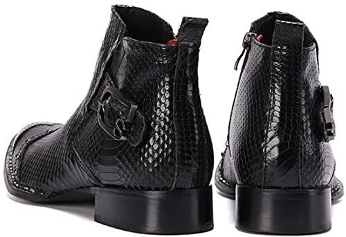 Santimon Men's Party Ankle Chelsea Boots Dress Casual Retro Snakeskin Texure Metal Pointed Toe Leather Fashion Zipper Western Wedding Cowboy Rock Singer Black 10.5 Us #TOP6