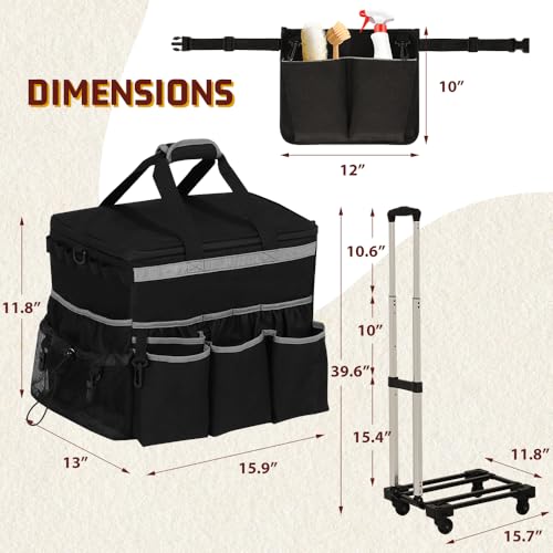 OUDUCK Rolling Cleaning Caddy, Cleaning Caddy Bag with Tool Waist Bag Belt, Large Cleaning Supplies Organizer with Handles and Shoulder Strap for Cleaners Housekeepers, Black - Image 2