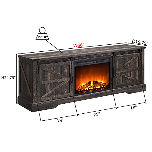 Okd Fireplace Tv Stand For 75+ Inch Tv, Farmhouse Entertainment Center With 23" Electric Fireplace And Remote Control, Long Rustic Media Console Cabinet With Sliding Barn Door, Dark Rustic Oak #TOP5