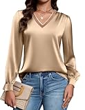 Blooming Jelly Womens Silk Business Dressy Casual Blouses Work Puff Sleeve Fall Tops Interview Office Corporate Winter Outfits 2025 (XL, Brown)