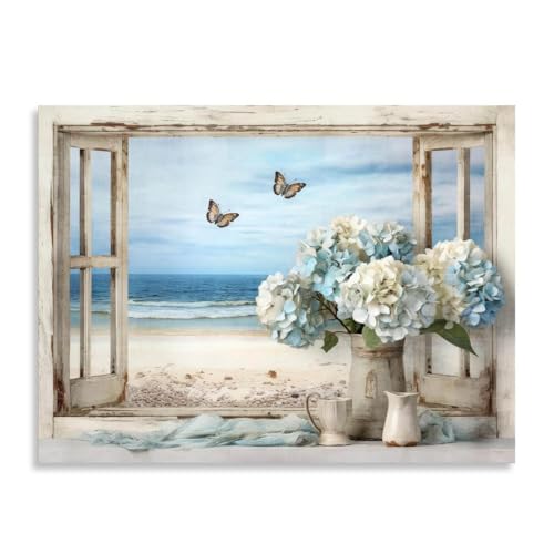 Vintage Ocean View Window Canvas Wall Art, High-Resolution Print with Fresh Blue and White...