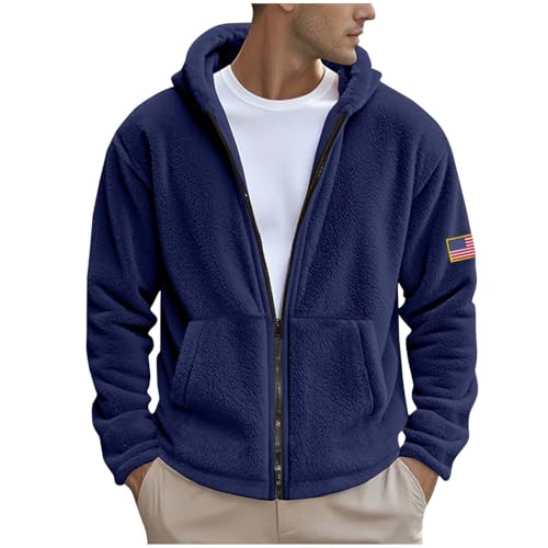Mens Winter Fleece Warm Coat Fashion Star Striped Sweatshirt Casual Full Zip Hoodies Long Sleeve Cardigan with Pocket