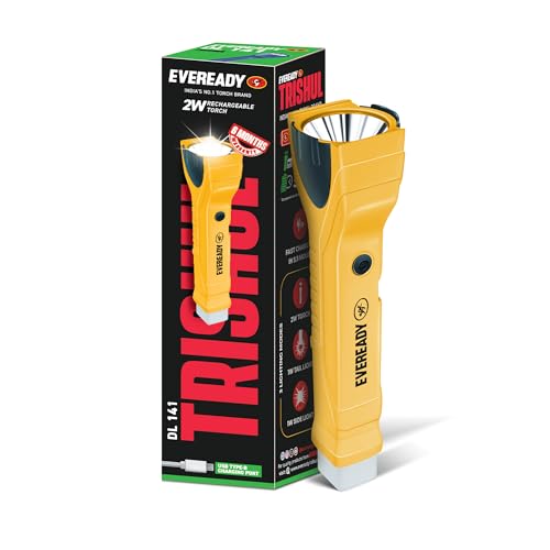 Image of Eveready Trishul DL141, Rechargeable 3-in-1 Emergency Led Torch + Sidelight + Tail Light, Rugged Angular Design, Type B /Micro USB Charging, 360 Illumination, Powered by BIS Certified Li-Ion Battery