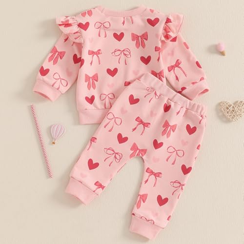 Toddler Baby Girl Valentines Outfit Bow Heart Print Long Sleeve Crewneck Ruffle Sweatshirt Pant 2Pcs Set3