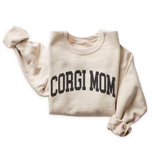 Corgi Mom Varsity Sweatshirt, Cute Pembroke Welsh Pet Parent Sweater, Corgi Dog Mom Gift, Dog Lover Shirt, Unisex Womens Crewneck Sweatshirt Sand