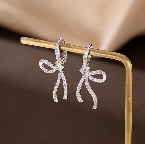 SLUYNZ Sterling Silver CZ Bow Hoop Earrings for Women Teens Rhinestone Bow Hoop Earrings Huggie Drop4