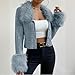 Womens Button Down Sweaters V Neck Long Sleeve Sexy Fuzzy Faux Fur Trim Cardigan Going Out Solid Ribbed Crop Tops Blue
