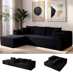 110” No Assembly Compression Boneless in a Box Cloud Sectional Couches for Living Room L-Shape Couch Compressed Sofa, Modern Modular Plush Corduroy Reclining Comfy Fluffy Memory Foam Furniture Black