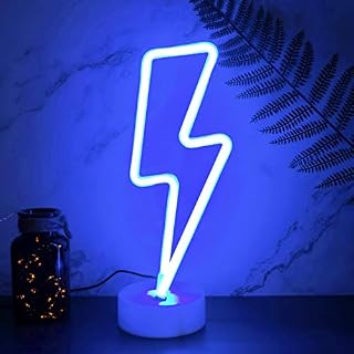 YIVIYAR LED Lights, Lightning Bolt Led Neon Sign with Base, USB/Battery Operated Neon Light Sign, Cool Lamps Blue Neon Lights Room Decor for Bedroom Aesthetic Cool Room Decor(Blue Lightning)