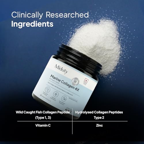 Image of Miduty Marine Collagen Powder with Vitamin C & Zinc | Hydrolyzed Collagen Peptides | Wild-caught Fish | Type 1, 2 & 3 for Skin Elasticity, Hair, Nails, Joints & Bone Support | 210g
