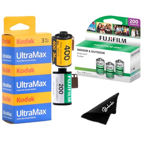 Kodak Ultramax 400 & Fujifilm 200 35mm Film Bundle - 3-Pack Each (6 Total) with Balveli Microfiber Cloth - 36 Exposures per Roll