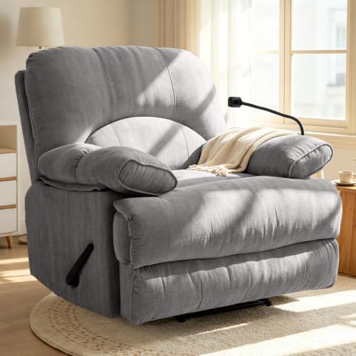 Euthymia Oversized Recliner Chair Chenille Zero Gravity Recliner for Big Man, Extra Wide Recliner with Phone Holder, Heavy Duty Recliner Single Sofa Chair for Living Room, Bedroom, Grey