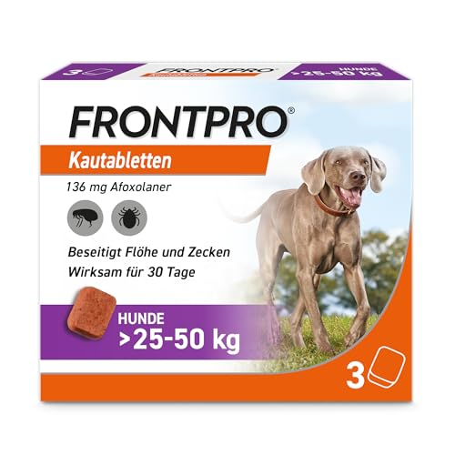 FRONTPRO Hund XL - Kautablette gegen Zecken & Flöhe (große Hunde 25 bis 50 kg) - 3X Kautabletten für 3 Monate Schutz