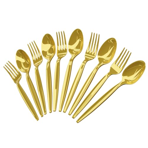 Blue Orchards Gold Plastic Spoon and Fork Set (50 Each) Heavy Duty Gold Utensils Durable Disposable Colored Cutleries and Plastic Utensils for Parties Birthdays Weddings and Special Events