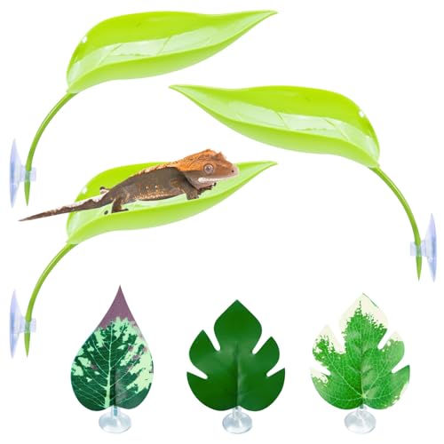 BNOSDM Crested Gecko Tank Accessories 3 Pcs Plastic Leaf Decorations with Suction Cup Gecko Climbing Toy Frog Habitat Platform Reptile Terrarium Decoration for Tree Frog Resting Spot