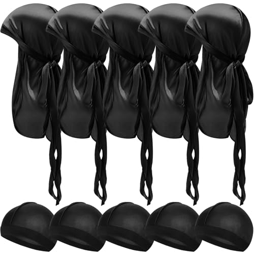 Geyoga 10 Pcs Kids Satin Silk Durag with Wave Caps Set Baby Durags 360 Wave Wide Strap Headwraps Long Tail Turban Beanies (Black)