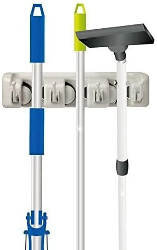 Mop Rack EZPart Mop and Broom Wall Mounted Rack with Ball Slots and Hooks, Superior Quality Tool Rack (3 Slots 4 Hooks)