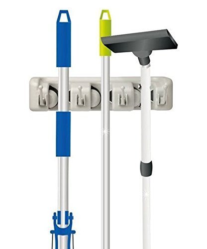 Mop Rack EZPart Mop and Broom Wall Mounted Rack with Ball Slots and Hooks, Superior Quality Tool Rack (3 Slots 4 Hooks)