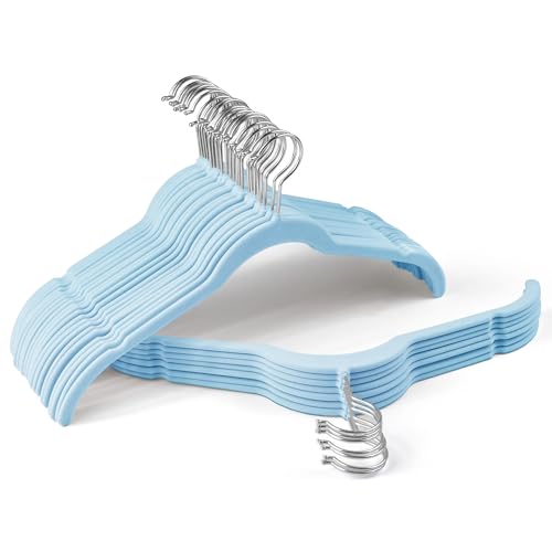 Sishynio Velvet Hangers 30 Pack, Non-Slip Slim Felt Clothes Hangers Blue