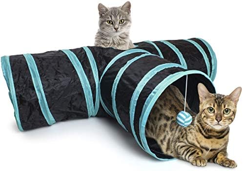 igadgitz home U6979-3 Way Cat Tunnel Collapsible Pet Tunnel Interactive Rabbit Tunnel with Hanging Ball - Indoor/Outdoor - Black/Blue Trim