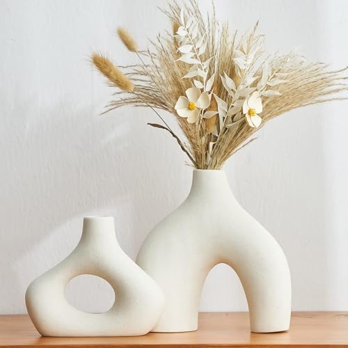 AWNR White Ceramic Donut Vase Set of 2 for Modern Home Decor Minimalist Round Vase for Centerpieces Unique Neutral Boho Vase for Living Room TV Stand Dining Room Dinner Table Decoration
