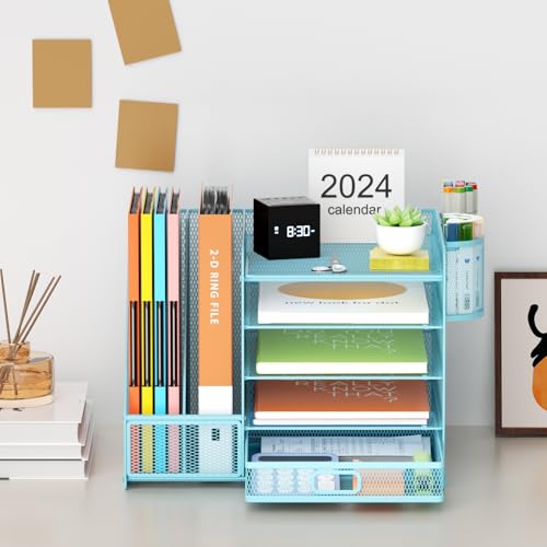 Image of Marbrasse Desk Organizer with File Holder, 5-Tier Paper Letter Tray Organizer with Drawer and 2 Pen Holder, Mesh Desktop Organizer and Storage with Magazine Holder for Office Supplies(Blue)