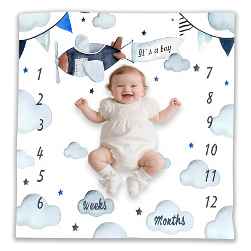 Image of Airplane Theme Baby Monthly Milestone Blanket for Boys, Soft Flannel Aircraft Pilot Cloud Stars Pattern Photography Prop Baby Shower Age Newborn Mom Gifts Nursery Decor (Blue, 48x48in)