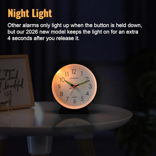 Image of 4.5 Inch Small Silent Analog Alarm Clock, Retro Battery Operated Desk Clock with Night Light Stays On 4 Seconds Vintage Metal Table Clock for Bedside, Nightstand, Bedroom, Office, Bathroom - Black