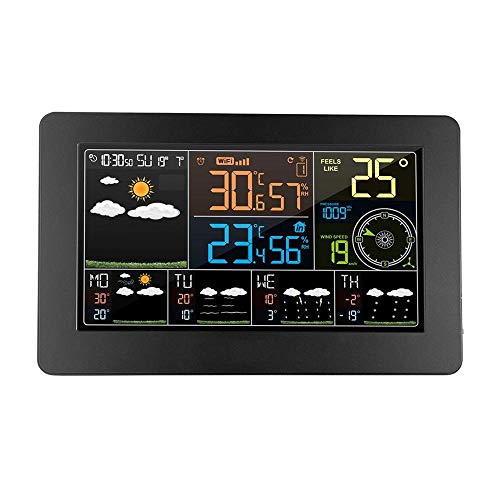 Digitale LCD-Wetteruhr, Wecker, Wanduhr, Wetterstation WiFi Innen- und Außentemperatur Luftfeuchtigkeit Druck Wind Wettervorhersage,