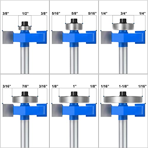 Meiggtool 4Pcs Rabbet Router Bit 1/4" Shank With 6 Bearings Set - 1/16", 1/8", 3/16", 1/4", 5/16", 3/8". Interchangeable Bearings With 1/2" To 1/4" Router Collett #TOP2