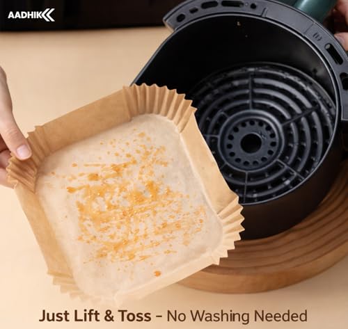 Image of AADHIK Air Fryer Paper Liners Parchment Baking Sheets | Disposable Cooking Tray Liners | Kitchen Accessories | 8 Inch Square Greaseproof Nonstick Paper | Heat Resistant Basket