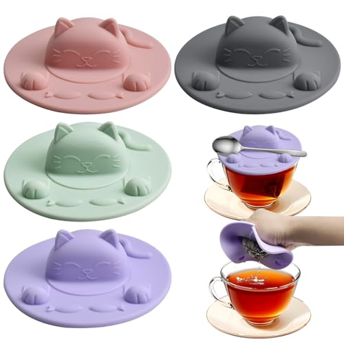 Enenes 4 Pack Silicone Tea Bag Holder and Squeezer 4 Inch Cat-Shaped Cup Lid Cover for Tea Bags Reusable Dishwasher Safe Mug Cover for Tea Cups and Coffee Mugs