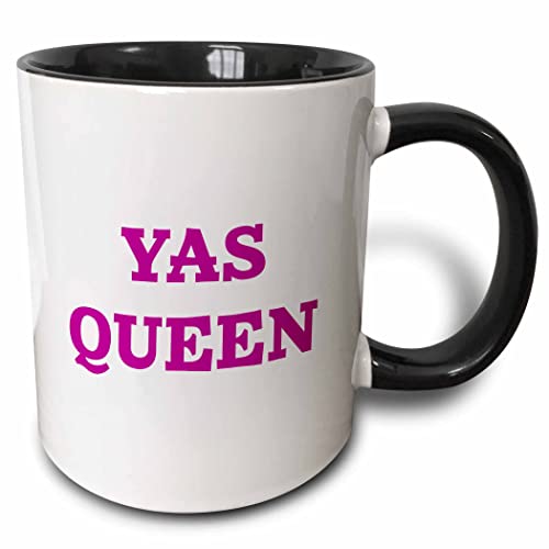 3dRose "Yas Queen, Purple Text On White Background" Two Tone Black Mug, 11 oz, Black/White/Purple
