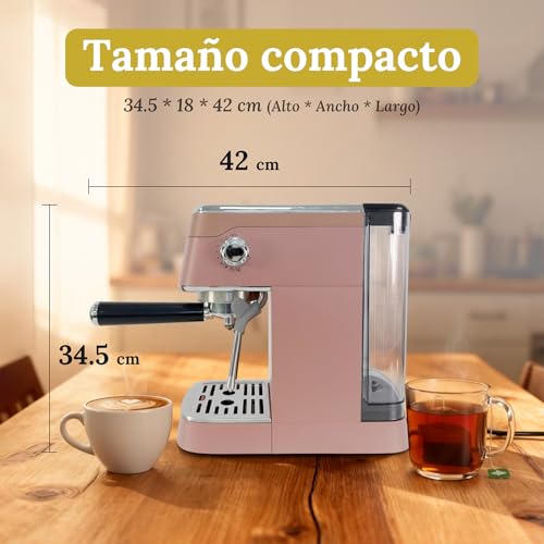 XINWO Cafetera Hanoi - Cafetera Express para Espresso y Cappuccino, 1350W, 20 Bares, Vaporizador, Brazo Portafiltros con Doble salida y 2 Filtros, Depósito Agua 1.2L, Calientatazas, Accesorios - Moca - imagen 7