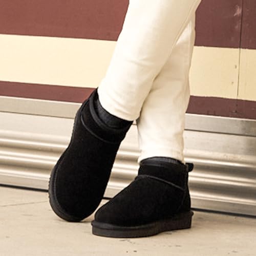 DREAM PAIRS Ankle Winter Mini Boots for Women Genuine Suede Faux Fur Lining Water Resistant Warm Snow Boots Slip On Memory Foam Comfort Booties FuzzyClassic,Size 8,Black,SDSB2405W