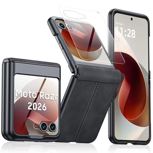 Image of for Motorola Razr 2026 Case with Hinge Protection & Built-in Outer Screen Protector, Ultra-Thin PU Leather Matte PC Shockproof Cover, Slim Protective Phone Case for Moto Razr 2026-Black Gray