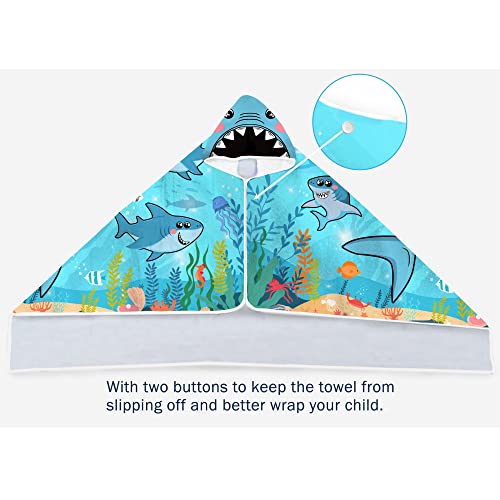 Bonsai Tree Shark Hooded Beach Towel For Kids, Cool Ocean Fishes Bath Towel With Hood For Boys, Funny Sea Animals Microfiber Super Absorbent Soft Poncho Bathrobe For Swin Pool 30”X50” #TOP3